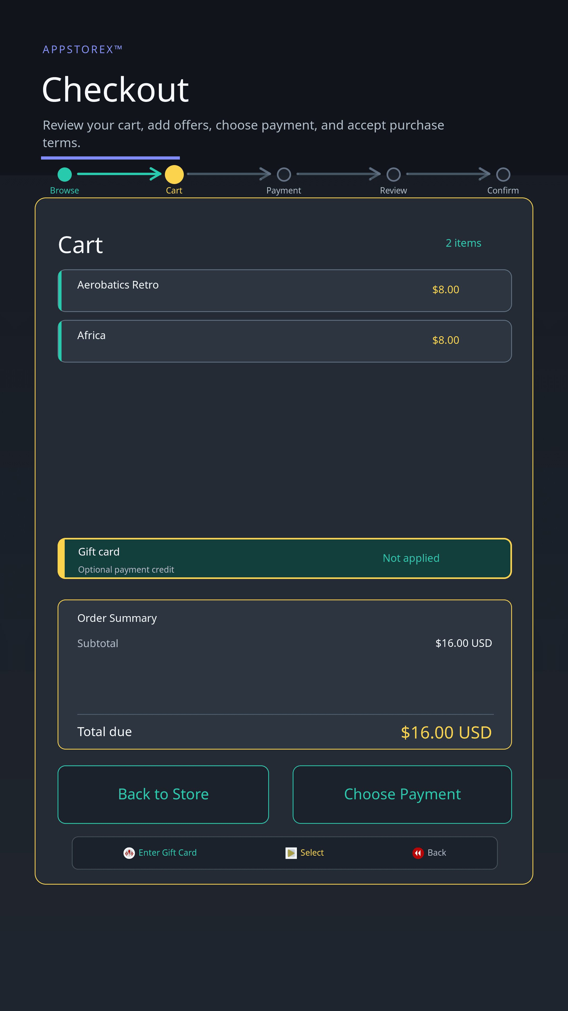 Legends Access App checkout with the gift card code field