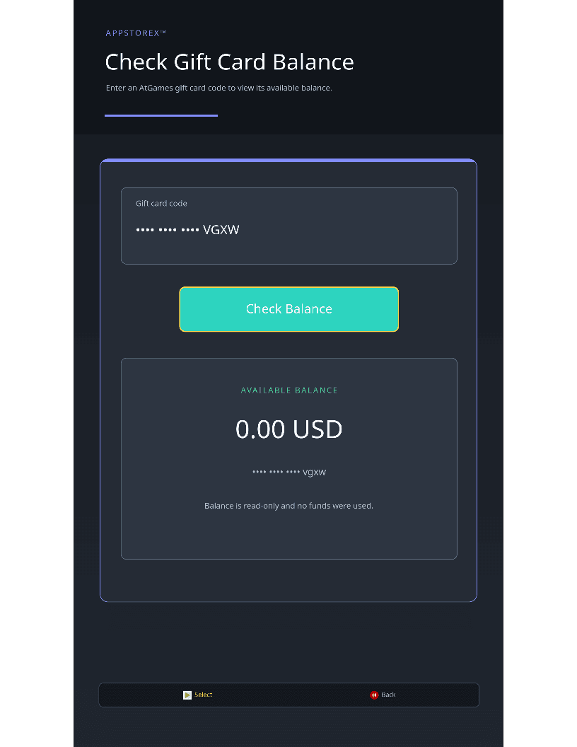 Gift Card Balance menu in AppStoreX™ showing the available balance