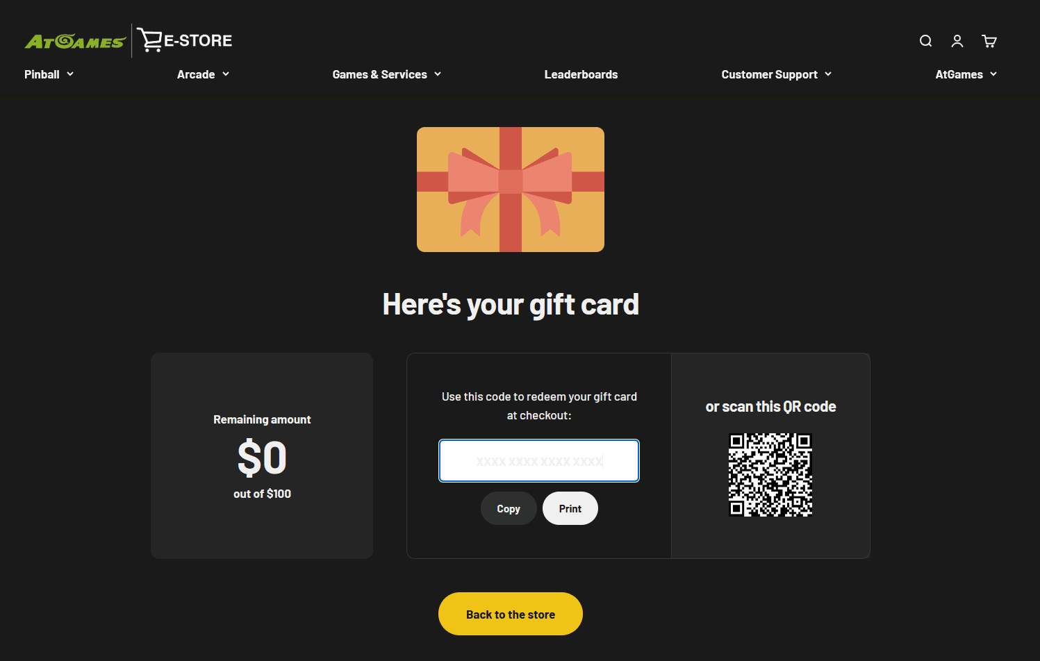 AtGames gift card page showing the remaining balance