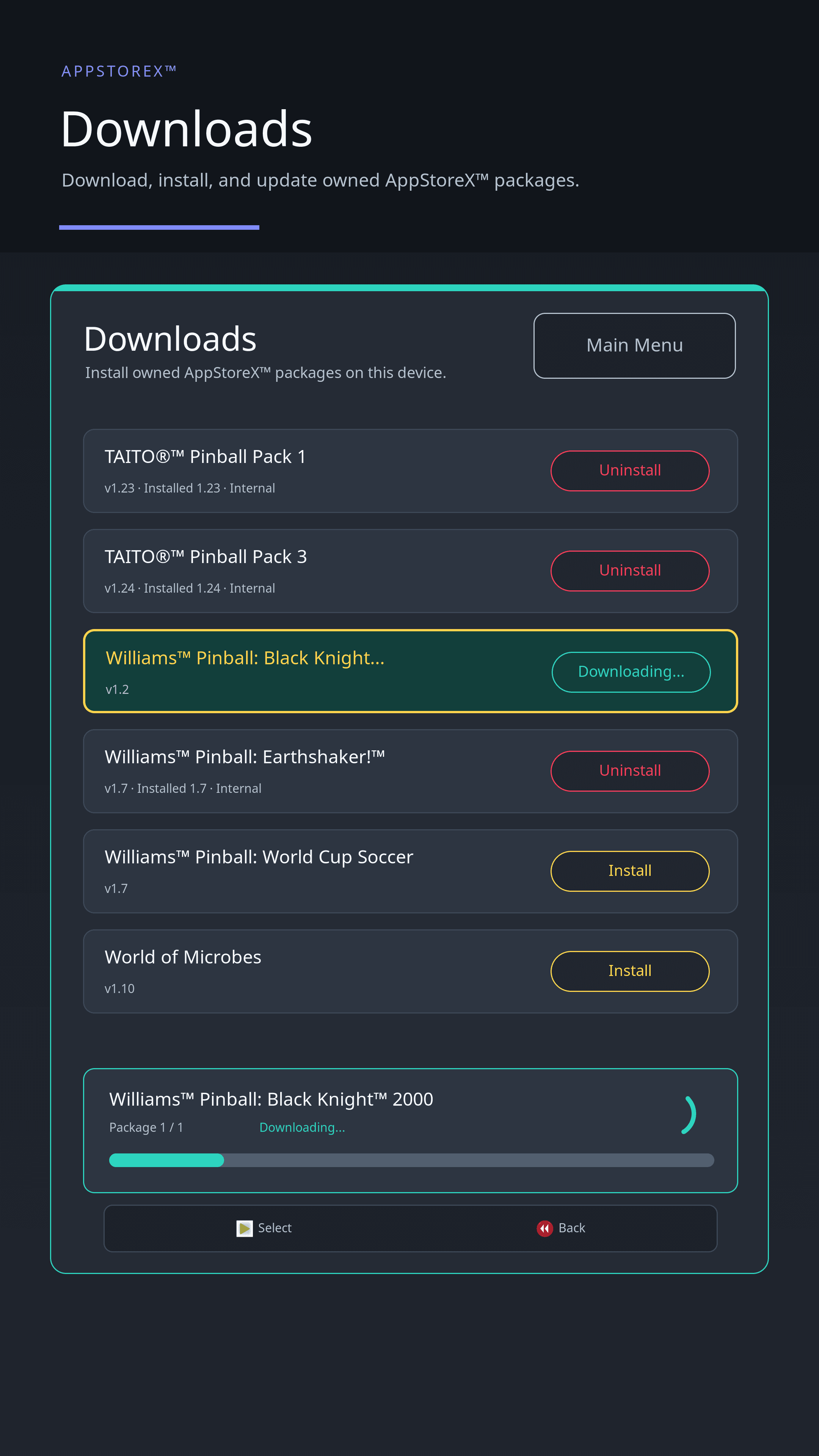 Downloads screen showing install, uninstall, and download actions